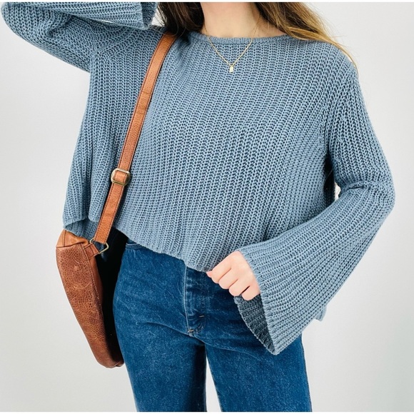 roxy sky blue boho beachy open back knit sweater flowy sleeve size s - Picture 2 of 8